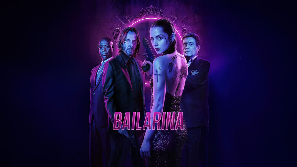 Обои для рабочего стола Киану Ривз / Keanu Reeves, и другие актеры в костюмах стоят на синем фоне в неоновом свете из фильма Балерина / Bailarina