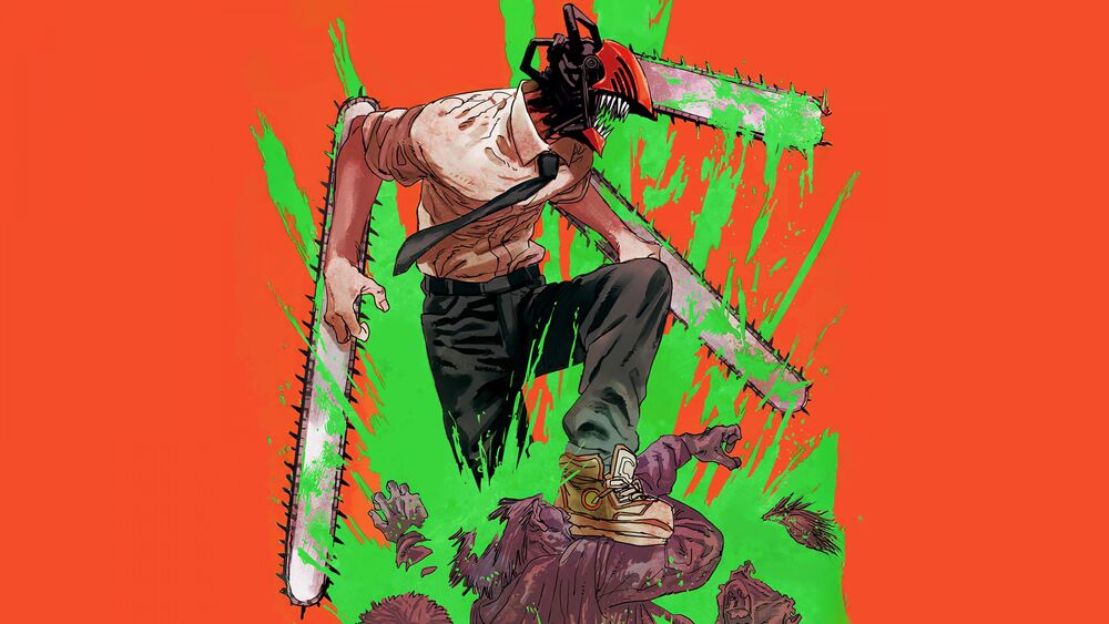 Обои для рабочего стола Человек-бензопила / Chainsaw Man в костюме с галстуком прыгает на противника на фоне зеленых брызг из манги Человек-бензопила / Chainsaw Man