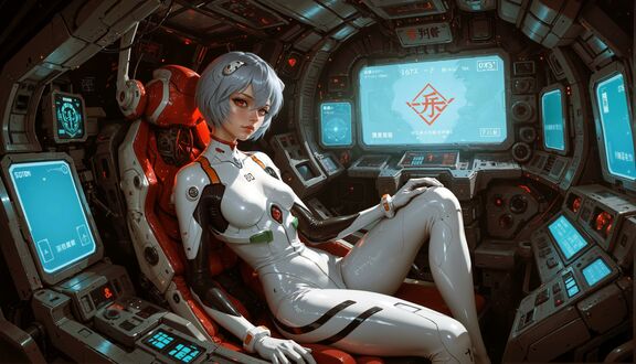 Обои на рабочий стол Рей Аянами / Rei Ayanami сидит в белом пилотском костюме на красном кресле в кабине футуристического меха из аниме Евангелион / Neon Genesis Evangelion