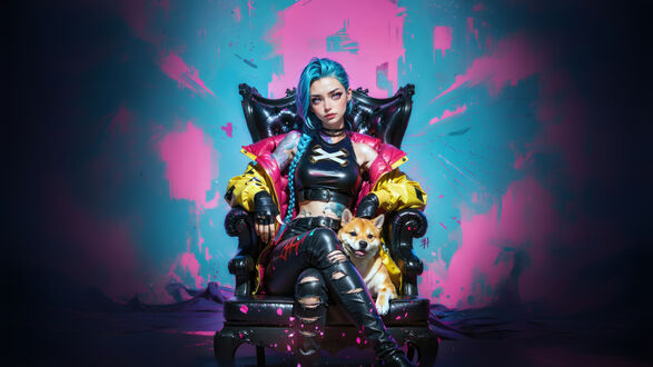 Обои на рабочий стол Джинкс / Jinx сидит на черном стуле рядом с собакой сиба-ину в кожаном костюме и яркой куртке на фоне абстрактных розово-голубых мазков из игры League of Legends / League of Legends