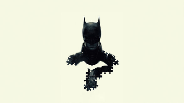 Обои на рабочий стол Стилизованный черный бюст Бэтмена / Batman, состоящий из фрагментов пазла, расположен на светлом однотонном фоне из фильма Бэтмен / The Batman