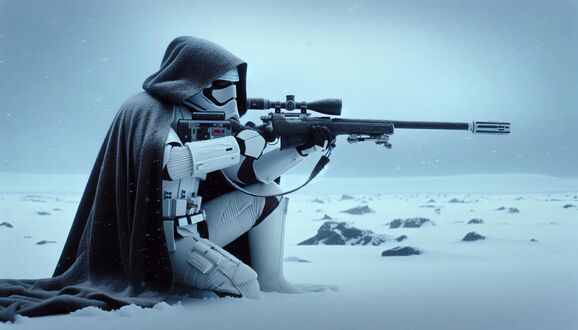 Обои на рабочий стол Персонаж из фильма Звездные войны / Star Wars, Штурмовик / Stormtrooper в белом костюме и темном плаще присел, держа снайперскую винтовку, на фоне заснеженного ландшафта
