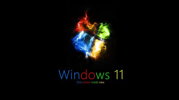 Обои на рабочий стол Цветной светящийся логотип Виндовс 11 / Windows 11 с четырьмя элементами находится над текстом (Windows 11 Old-school made new.) на черном фоне
