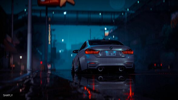 Обои на рабочий стол Серебристый автомобиль BMW M4 стоит на мокрой улице ночью с включенными задними фонарями на фоне размытых огней города и зданий