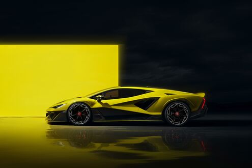 Обои на рабочий стол Желто-черный спорткар Lamborghini Fenomeno стоит на глянцевой поверхности, на фоне ярко-желтой стены