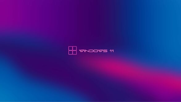 Обои на рабочий стол Розовый неоновый логотип Windows 11 на фиолетово-синем градиентном фоне