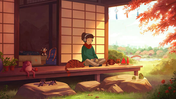 Обои на рабочий стол Девушка Lofi girl в наушниках сидит на деревянной веранде в стиле Релакс / Relax, рядом спит кот, на фоне зеленого парка с прудом, мостом и осенними деревьями