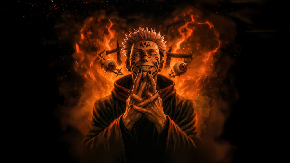 Обои для рабочего стола Персонаж Сукуна / Sukuna из аниме Jujutsu Kaisen / Jujutsu Kaisen с темными отметинами на лице, улыбается и складывает руки в замысловатый жест, на фоне оранжевого пламени и парящих глаз