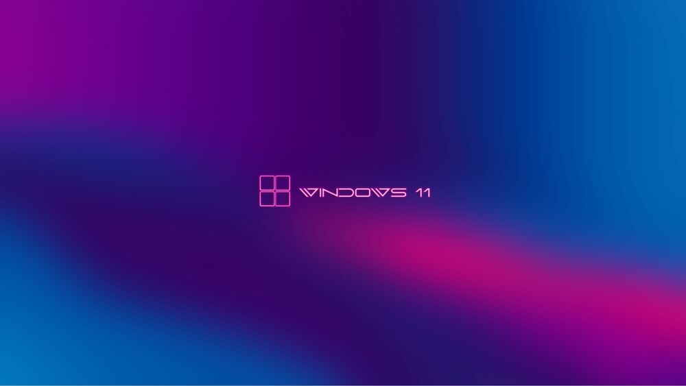 Обои для рабочего стола Розовый неоновый логотип Windows 11 на фиолетово-синем градиентном фоне