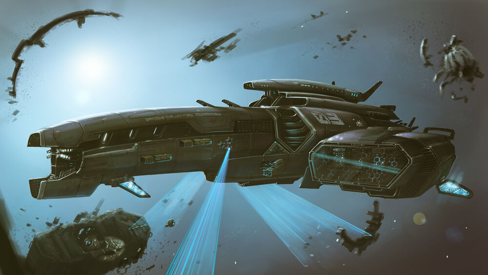 Обои для рабочего стола Большой космический корабль (PROSPECTOR CLASS, 03) летит сквозь астероиды сканирует космические обломки, на фоне яркого солнца