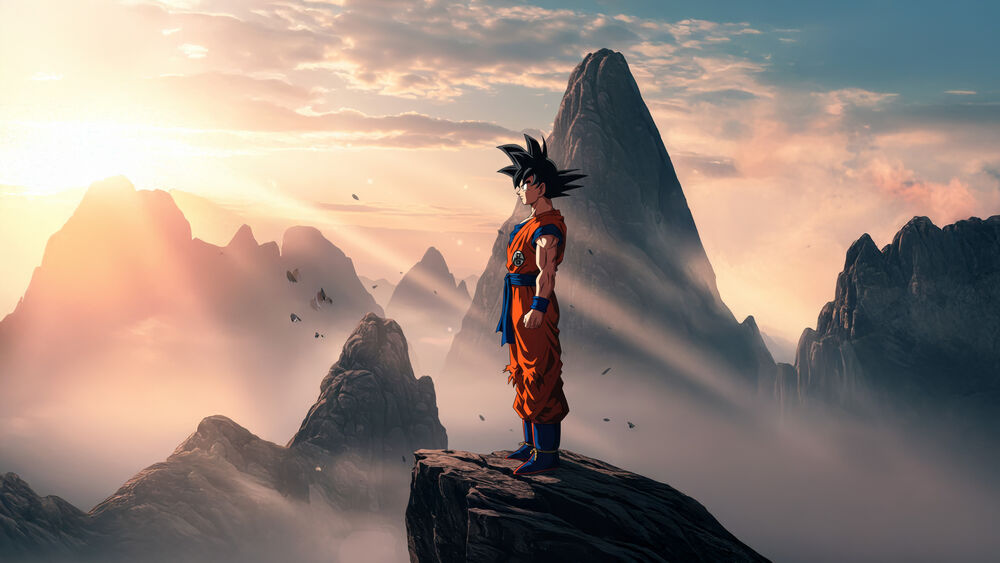 Обои для рабочего стола Мужчина Гоку / Goku из аниме Драгонболл / Dragon Ball в оранжевом костюме стоит на скале, глядя вдаль, на фоне гор, тумана, восходящего солнца и неба с облаками и птицами