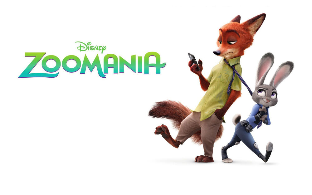 Обои для рабочего стола Лис Ник Уайлд из фильма Зверополис / Zootopia держит телефон, а крольчиха Джуди Хоппс держит его за галстук, они вместе шагают (Disney ZOOMANIA) на белом фоне