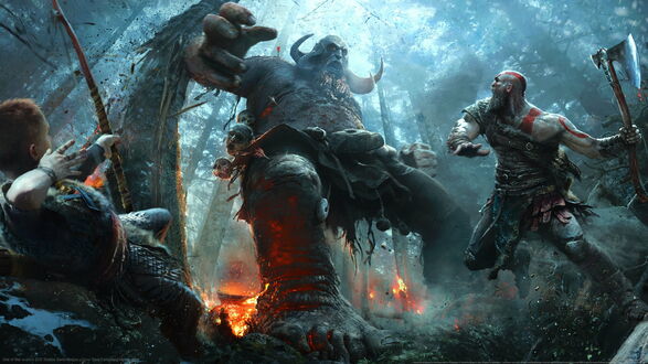 Обои на рабочий стол Кратос из игры God of War / с топором и Атрей с луком сражаются с гигантским монстром, на фоне темного леса с очагами огня