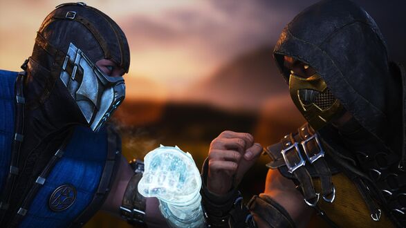Обои на рабочий стол Два персонажа из игры Mortal Kombat / Mortal Kombat в боевых костюмах, Саб-Зиро с ледяным кулаком и Скорпион, противостоят друг другу, на фоне закатного неба