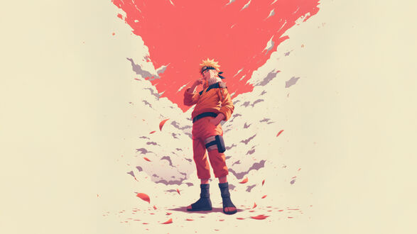 Обои на рабочий стол Персонаж Наруто из аниме Наруто / Naruto в оранжевом костюме стоит, одна рука у рта, другая в кармане, на фоне красного неба с облаками и падающими красными листьями