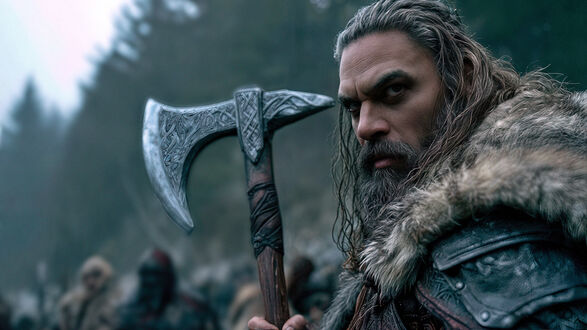 Обои на рабочий стол Jason Momoa / Джейсон Момоа в образе викинга из сериала Видеть / See, на фоне размытого леса и других воинов