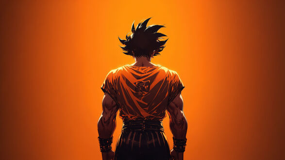Обои на рабочий стол Goku / Сон Гоку из аниме Dragon Ball / Жемчуг дракона стоит спиной в оранжевом костюме с черным поясом и браслетами, на оранжевом фоне
