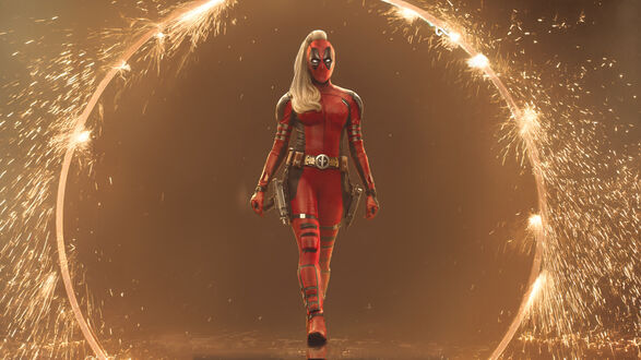 Обои на рабочий стол Женская версия Дедпула / Deadpool в красном костюме с двумя пистолетами на бедрах идет вперед, на фоне светящегося круга, испускающего искры, из фильма Дедпул / Deadpool
