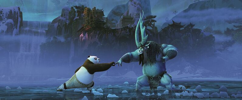 Обои на рабочий стол Панда По и Кай из фильма Kung Fu Panda 3 / Kung Fu Panda 3 на льду, По тянется к Каю, принимающему боевую стойку, на фоне заснеженных гор, водопадов и традиционных китайских строений