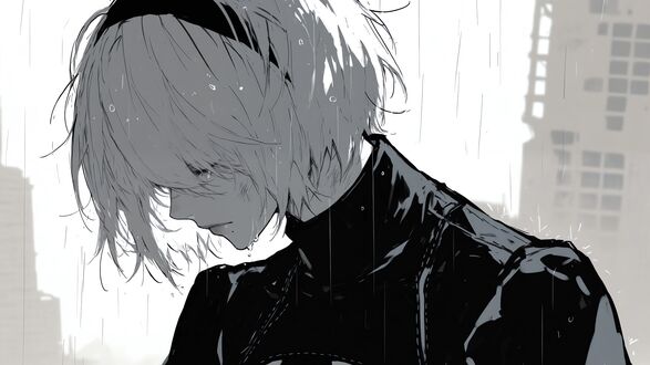 Обои на рабочий стол Персонаж из игры Nier / Nier в темном костюме смотрит вниз, с каплями дождя на волосах и одежде, на фоне размытых очертаний зданий