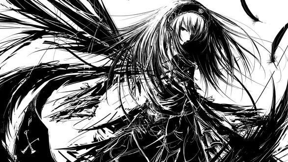 Обои на рабочий стол Девушка Suigintou / Suigintou из фильма Rozen Maiden / Rozen Maiden в черном костюме с длинными волосами и головным уборе, на белом фоне с черными абстрактными элементами и перьями