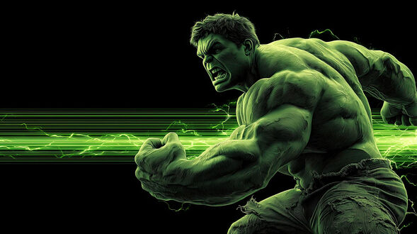 Обои на рабочий стол Халк / Hulk из Marvel Comics, персонаж с зеленым телом и рваными штанами, изображен в яростной позе с напряженными мышцами, на черном фоне с зелеными светящимися линиями и молниями