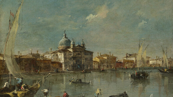 Обои на рабочий стол Венеция / Venice, Италия / Italy, несколько лодок с людьми на воде, на фоне городских зданий с большим купольным собором под облачным небом