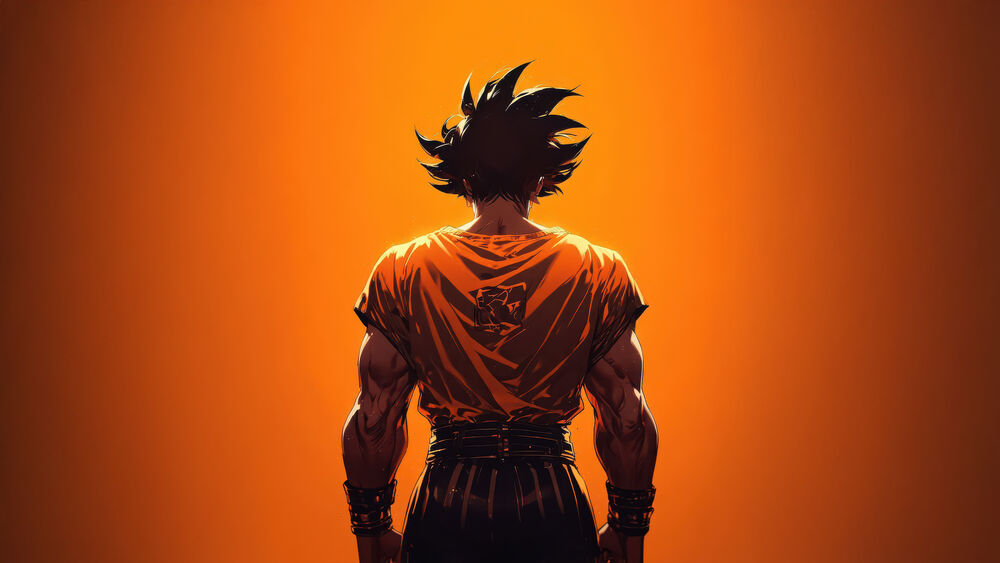 Обои для рабочего стола Goku / Сон Гоку из аниме Dragon Ball / Жемчуг дракона стоит спиной в оранжевом костюме с черным поясом и браслетами, на оранжевом фоне