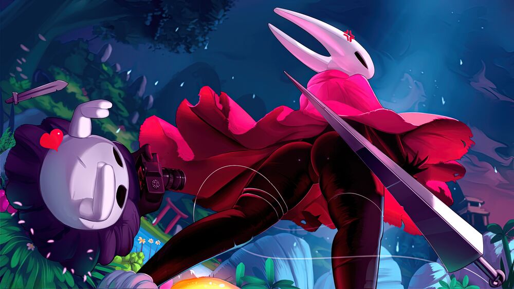 Обои для рабочего стола Хорнет / Hornet из игры Hollow Knight / Полый рыцарь в красном платье и черных леггинсах позирует с иглой, рядом Рыцарь / The Knight с мечом и красным сердцем, на фоне темного леса с растениями и светящимися элементами
