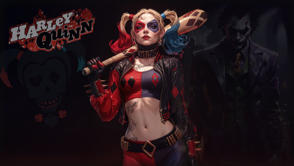 Обои для рабочего стола Харлей Квинн / Harley Quinn из комиксов DC / DC Comics в красно-синем костюме с битой на плече позирует (HARLEY QUINN), на фоне силуэт Джокера и стилизованный череп
