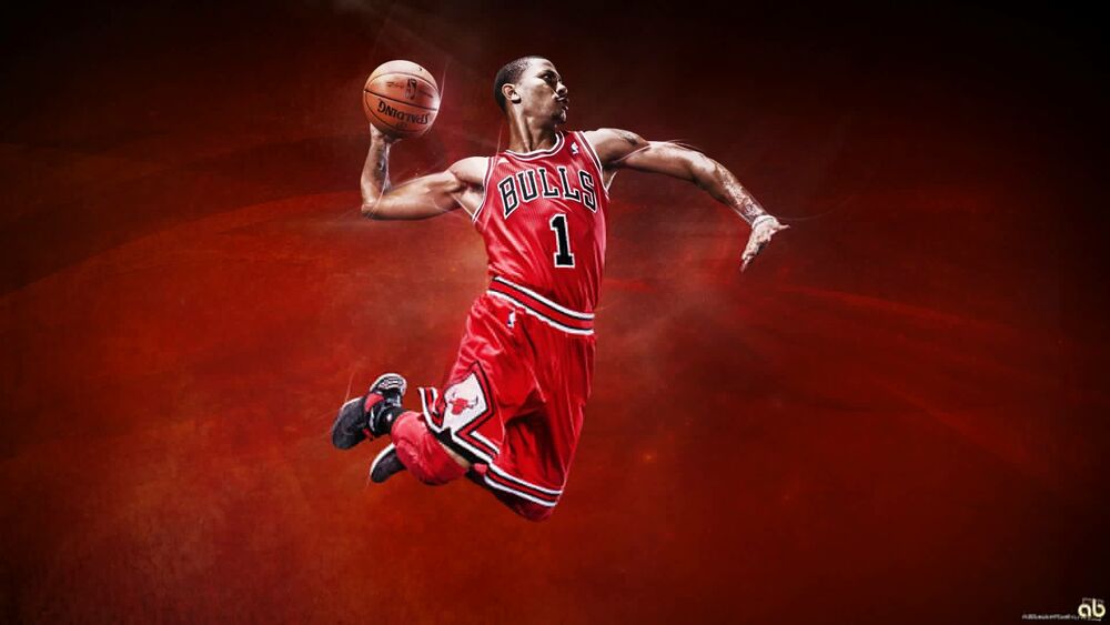 Обои для рабочего стола Баскетболист Деррик Роуз / Derrick Rose из NBA / НБА в красном костюме Chicago Bulls / Чикаго Буллз с номером One / Один в прыжке с мячом на красном фоне