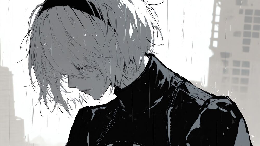 Обои для рабочего стола Персонаж из игры Nier / Nier в темном костюме смотрит вниз, с каплями дождя на волосах и одежде, на фоне размытых очертаний зданий