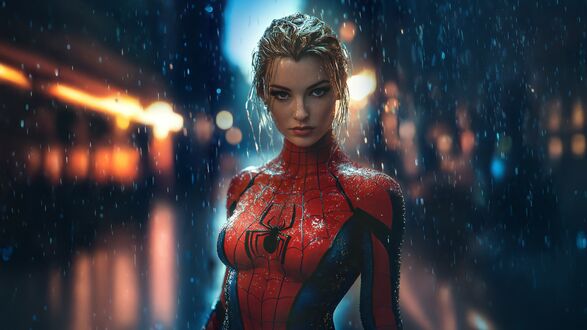 Обои на рабочий стол Девушка в красно-синем костюме Спайдера / Spider с эмблемой паука на груди смотрит прямо под дождем, на фоне размытых ночных городских огней из фильма Спайдер-Мэн / Spider-Man
