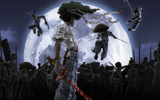 Обои на рабочий стол Афро Самурай / Afro Samurai из манги Афро Самурай / Afro Samurai с окровавленной катаной в руке, вокруг него воины в прыжке и на земле, на фоне большой полной луны и ночного неба