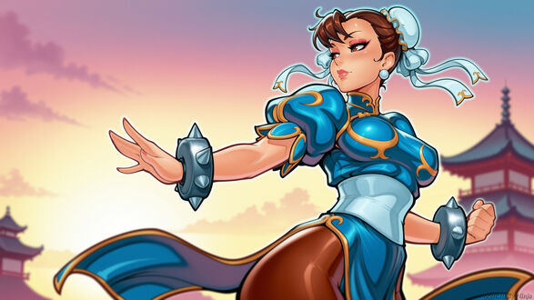 Обои на рабочий стол Девушка Chun-Li / Chun-Li из игры Street Fighter / Street Fighter в синем костюме с золотыми узорами и шипастыми браслетами позирует, на фоне традиционных азиатских пагод и закатного неба