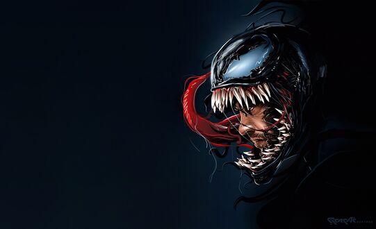 Обои на рабочий стол Крупный план головы Венома / Venom, Симбиота / Symbiote из вселенной Marvel, открывающего пасть с острыми зубами и длинным красным языком, на темном фоне