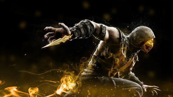 Обои на рабочий стол Скорпион / Scorpion из игры Mortal Kombat X / Mortal Kombat X в боевом костюме, вытягивает руку с золотым клинком, окруженный золотыми искрами и клубами дыма, на черном фоне