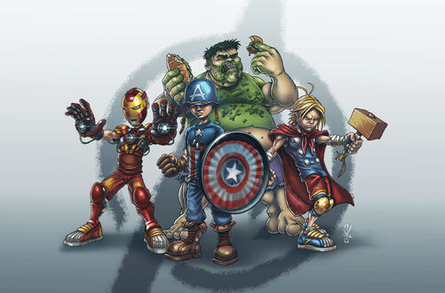 Обои на рабочий стол Четыре персонажа из фильма Мстители / Avengers: Железный Человек в костюме, Капитан Америка со щитом, Халк ест сэндвич и Тор с деревянным молотом, на светло-сером фоне с символом А