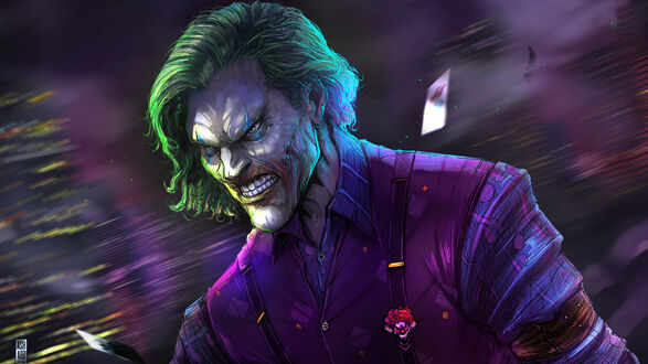 Обои на рабочий стол Джокер / Joker из фильма Бэтмен / Batman в фиолетовой рубашке с подтяжками и красным цветком на лацкане, с оскалом на лице на фоне размытых городских огней и темного неба