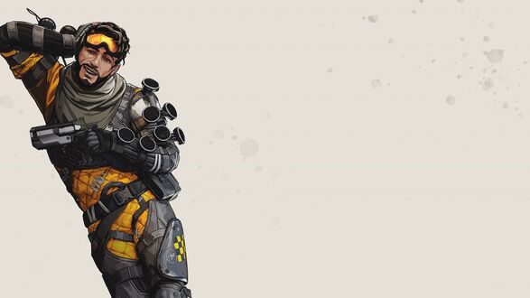 Обои на рабочий стол Мужчина в желто-сером тактическом костюме из игры Apex Legends держит пистолет, опираясь на руку головой, на светлом бежевом фоне