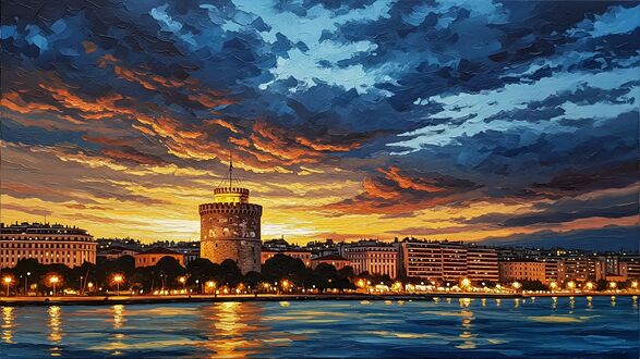 Обои на рабочий стол Белая башня Салоник / White Tower of Thessaloniki, Греция / Greece, на берегу залива, окруженная городскими зданиями и освещенными улицами, на фоне заката с оранжево-синими облаками