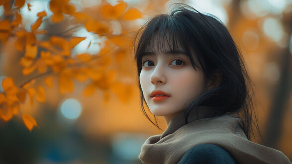 Обои на рабочий стол Портрет молодой девушки с темными волосами и челкой, на фоне размытых оранжевых осенних листьев