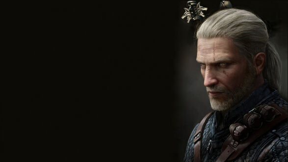 Обои на рабочий стол Портрет Геральта из Ривии / Geralt of Rivia из игры Ведьмак / The Witcher с белыми волосами и бородой, в темном костюме с кожаными ремнями, на черном фоне
