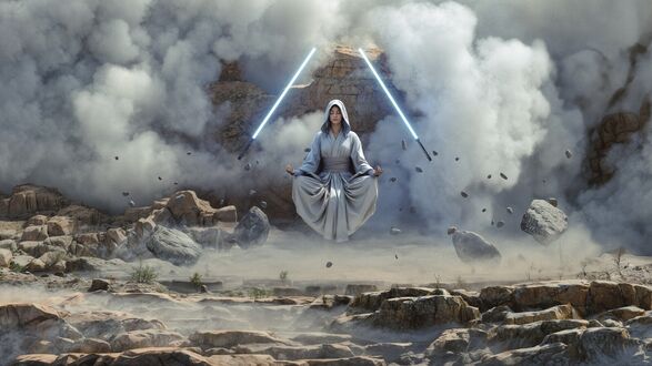 Обои на рабочий стол Женщина-Джедай / Jedi из фильма Звездные войны / Star Wars в светлом костюме медитирует в воздухе, два синих световых меча рядом, на фоне скалистого пейзажа с дымом и парящими камнями