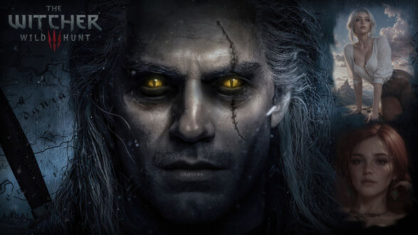 Обои на рабочий стол Портрет Геральда / Geralt из игры Ведьмак 3 / The Witcher 3 с желтыми глазами и шрамом на лице, (THE WITCHER WILD HUNT), на фоне Цири / Ciri в белой рубашке позирует на скалах и Трис / Triss