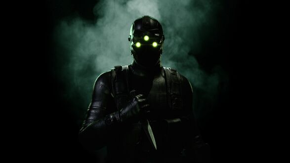Обои на рабочий стол Sam Fisher / Сэм Фишер персонаж видеоигры Splinter Cell с ножом на черном фоне тв дыму