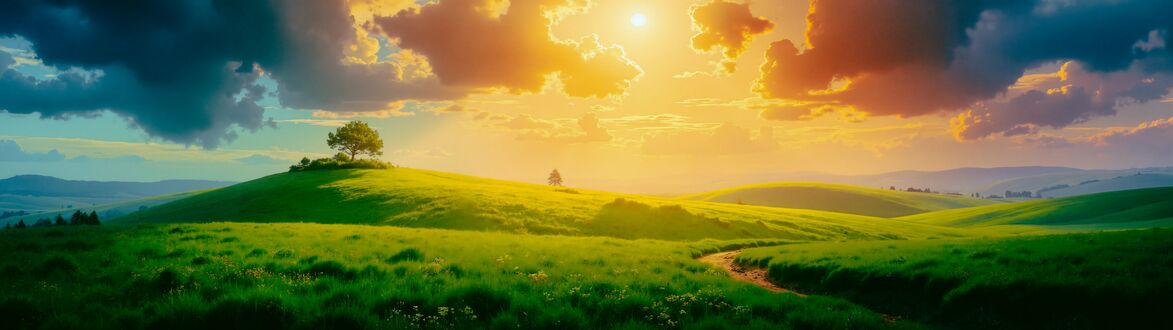 Обои на рабочий стол Зеленые холмы с извилистой тропинкой и одиноким деревом на вершине, на фоне заката с ярким солнцем и объемными облаками