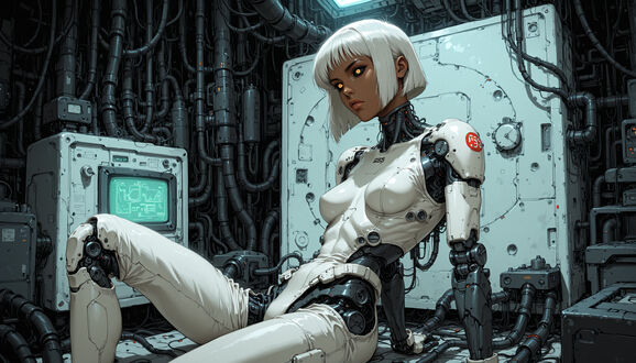 Обои на рабочий стол Темнокожая девушка киборг в белом комбинезоне сидит на лабораторном столе в окружении оборудования и проводов