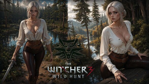 Обои на рабочий стол Цирилла Фиона Элен Рианнон / Cirilla Fiona Elen Riannon, она же Цири / Ciri из игры Ведьмак 3 / The Witcher 3 в белой блузке и коричневых кожаных штанах позирует с мечом, на фоне лесного пейзажа с рекой и горами (THE WITCHER 3 WILD HUNT)