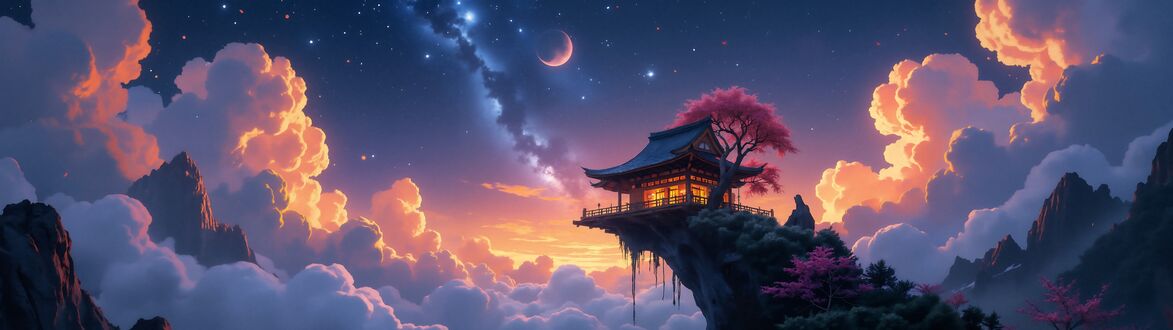 Обои на рабочий стол Японский дом с подсвеченными окнами и розовым деревом на скале, на фоне гор, оранжевых облаков, звездного неба и полумесяца